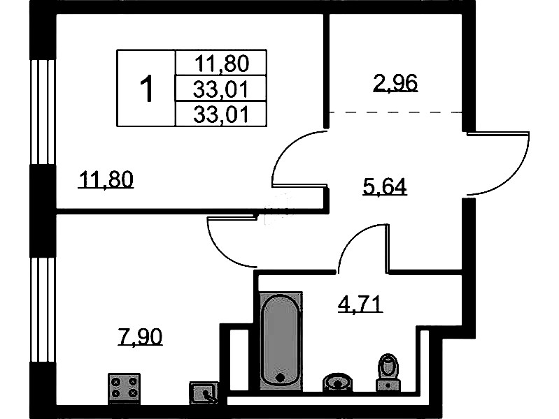 1-комнатная квартира 33.01 м², 8/9 эт., ЖК «Квартал Лаголово»